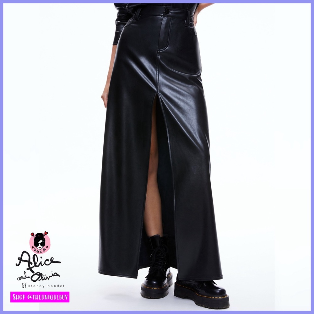Alice + Olivia Rye Vegan Leather Front Slit Black Maxi Skirt - Picture 14 of 15